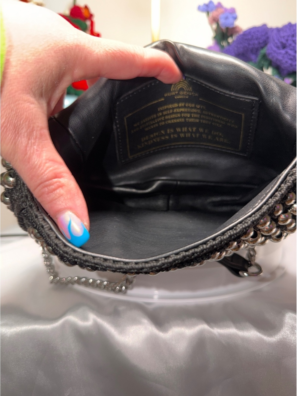 Kurt Geiger Black Crochet Bag with Silver Bead Embellishments EUC - Picture 9 of 10